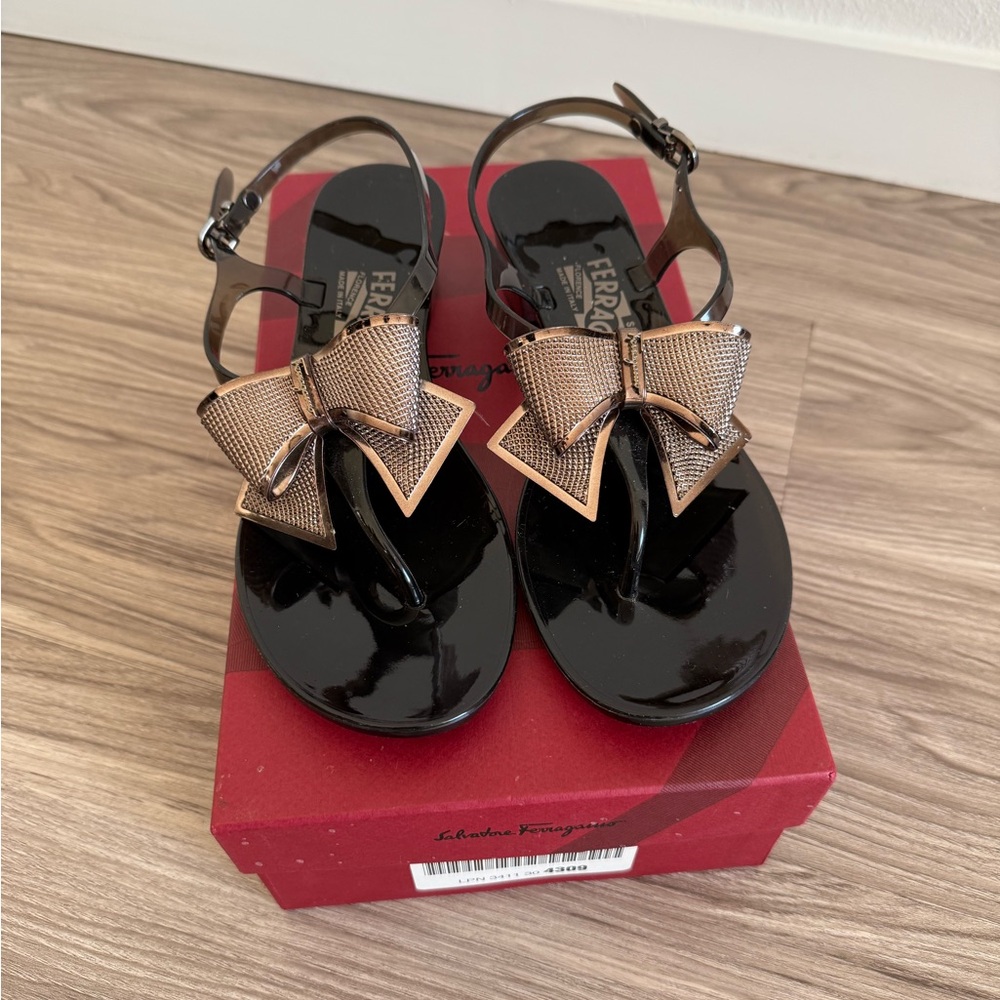 Salvatore Ferragamo Black and Silver Bow Sandals